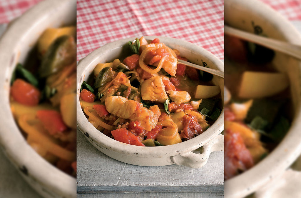 A stew of Rockfish coley, roasted peppers and small mullets