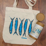 Rockfish Organic tote bag with sardine print & packaging