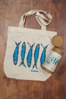 Rockfish Organic tote bag with sardine print & packaging