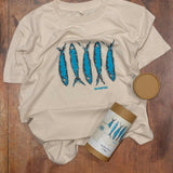 Rockfish Organic cotton T-Shirt with sardine print & packaging