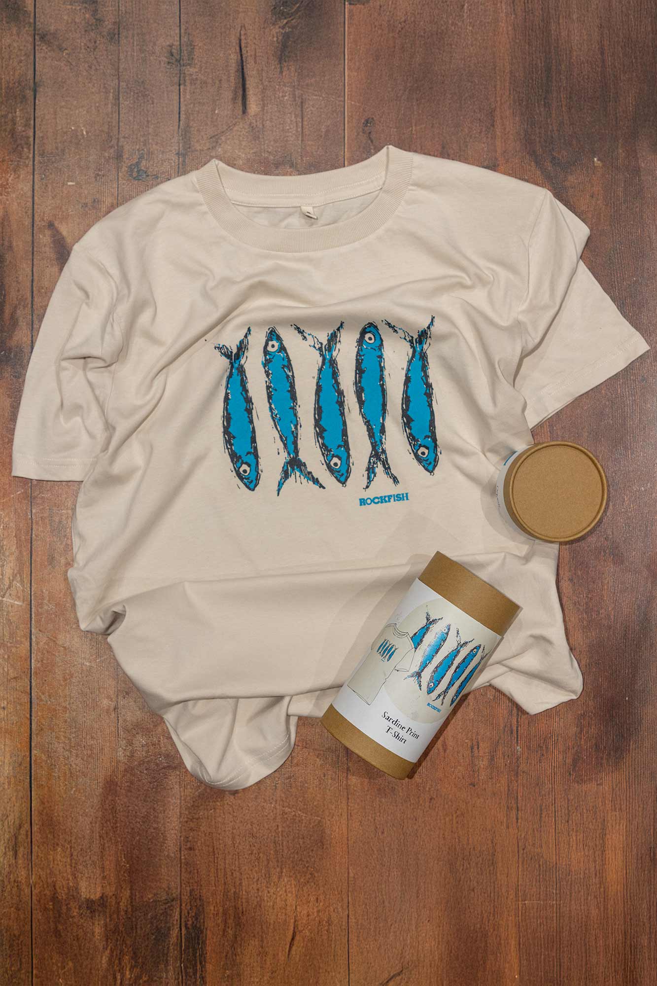 Rockfish Organic cotton T-Shirt with sardine print & packaging