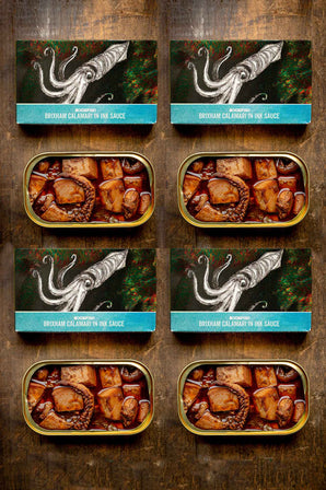 4 tins of Brixham calamari - Cuttlefish in ink sauce