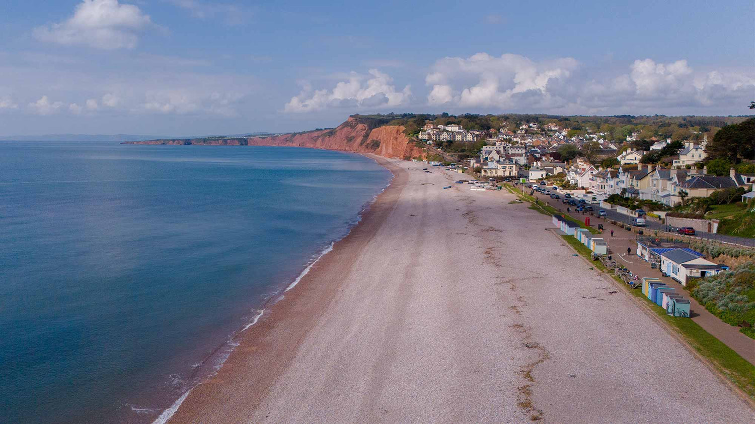 Aerial shot of the beach & Rockfish seafood café in Budleigh