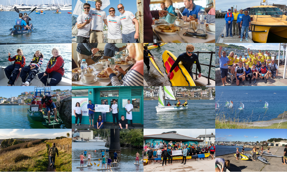 A 4x4 collage of outdoor water sports and group scenes, including sailing, boating, fishing, dining on boats, and people standing on docks and beaches near the water.