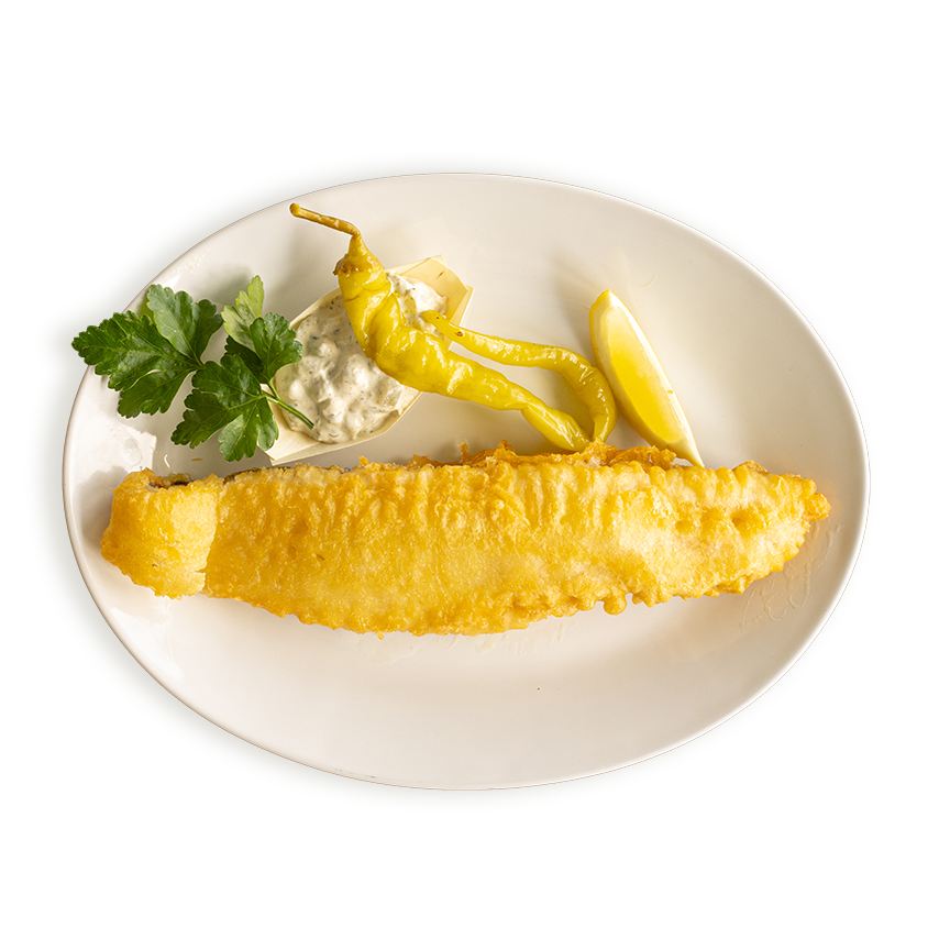 Fried whiting served with a wedge of lemon, a pickle and tartare sauce in Rockfish restaurants