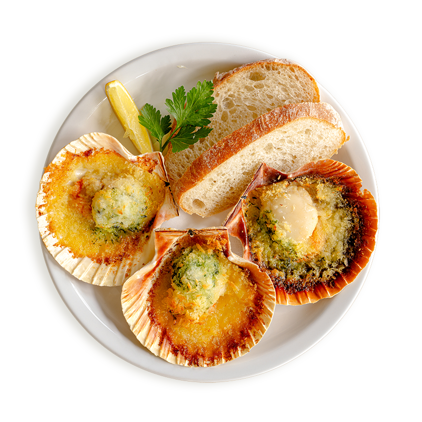 Hand-dived scallops & roasted in the half shell with loads of garlic butter & breadcrumbs. Served in Rockfish restaurants