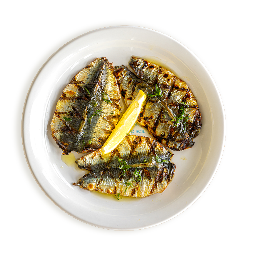 Butterflied sardines, chargrilled with lemon oil. Served in Rockfish restaurants