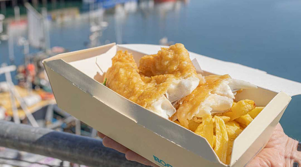 Takeaway Fish and Chips from Rockfish looking over the harbour
