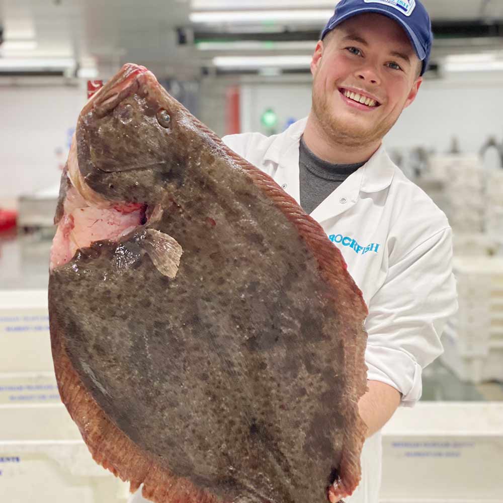 Tommy from Rockfish holding a large Brill at Brixham market