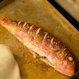 A whole cooked red mullet