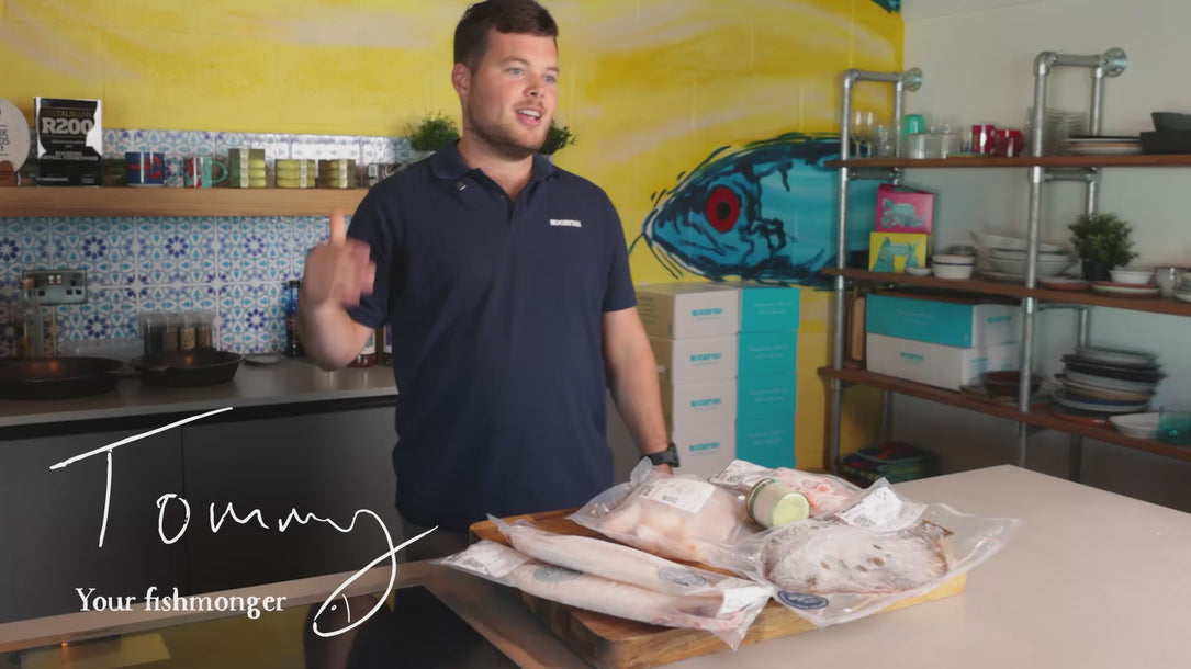 Tommy the fishmonger talks about the Rockfish Autumn box featuring Dover Sole, Turbot, prawns and fish pie mix.