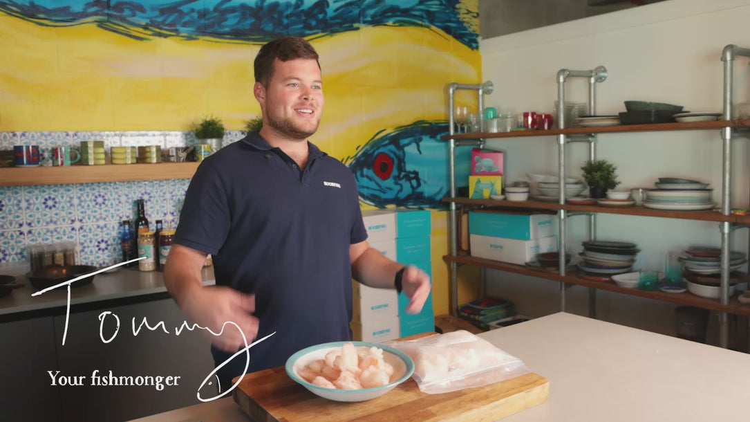 Tommy the Rockfish fishmonger talks about wild Atlantic prawns with the shell off