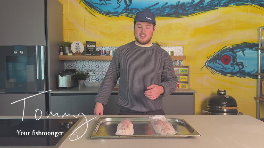 Monkfish whole tail as it is prepared by Rockfish and sent to your home ready for cooking.